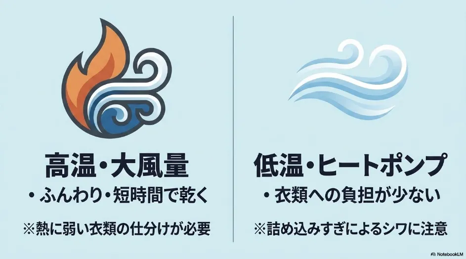 乾太くんの高温大風量乾燥とヒートポンプ式ドラム洗濯乾燥機の低温乾燥を比較した図