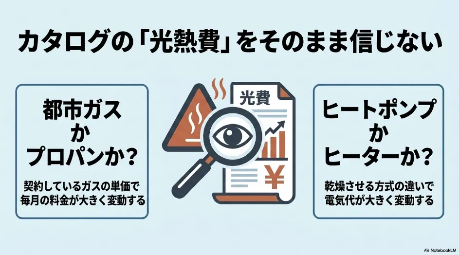 乾太くんは都市ガスとLPガスの単価、ドラム式はヒートポンプ式とヒーター式の違いで光熱費が変わることを示した図