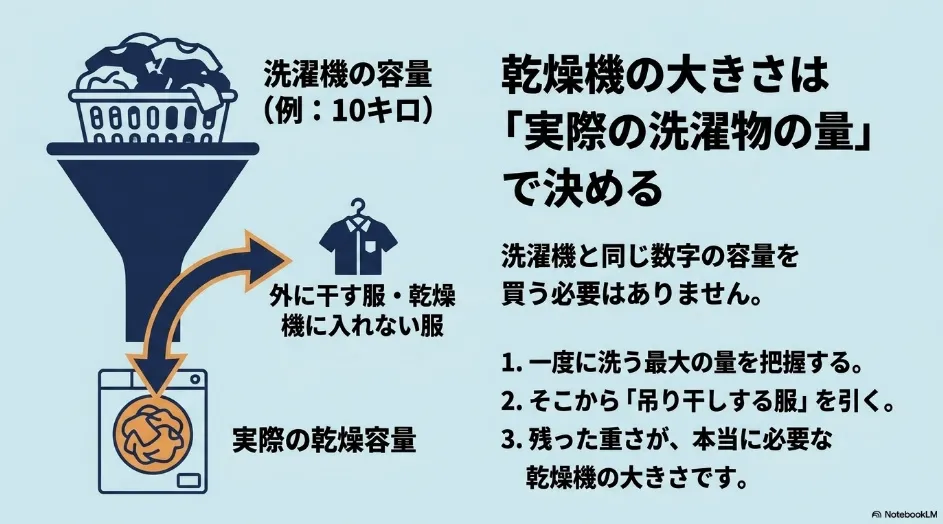 洗濯容量から吊り干しする衣類を除き、実際に乾太くんへ入れる洗濯物の量で乾燥容量を決める図