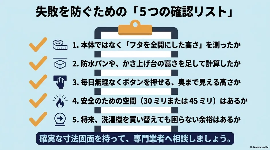 乾太くんと縦型洗濯機を設置する前に確認する寸法や操作性などの5項目をまとめたチェックリスト