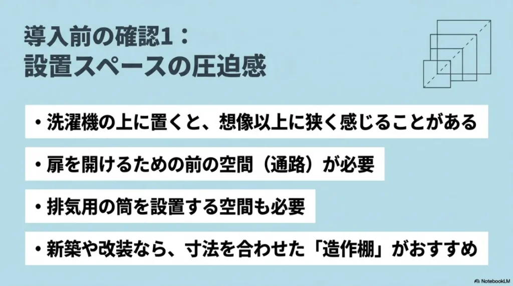 設置スペースの圧迫感や扉の開閉空間、排気筒の設置など導入前の寸法確認のポイント