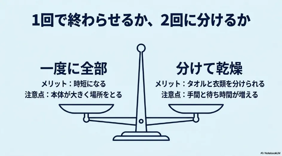 洗濯物を一度に全部乾かす場合と2回に分けて乾かす場合のメリットと注意点を比較した図