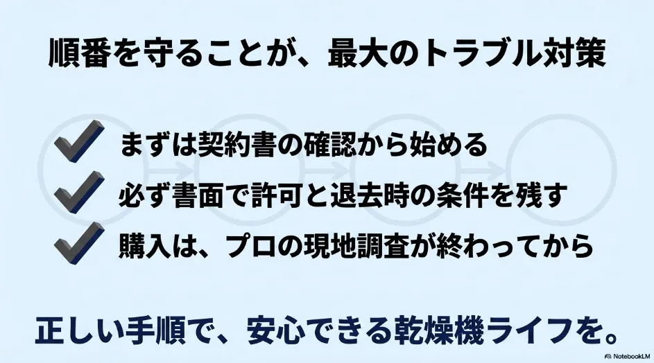 賃貸で乾太くんを設置する際の契約確認、書面許可、退去条件、現地調査の要点をまとめたスライド