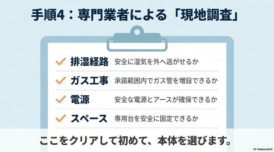 専門業者の現地調査で排湿経路、ガス工事、電源、設置スペースを確認するチェックリスト