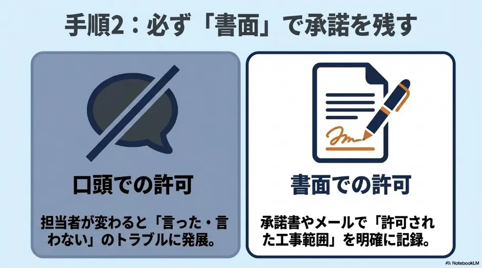 口頭の許可ではなく承諾書やメールで乾太くんの工事範囲を記録する必要性を示す比較図