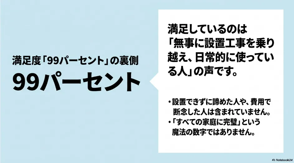 乾太くん利用者の満足度99％は設置済み利用者の回答であり、すべての家庭に適する数字ではないと説明するスライド