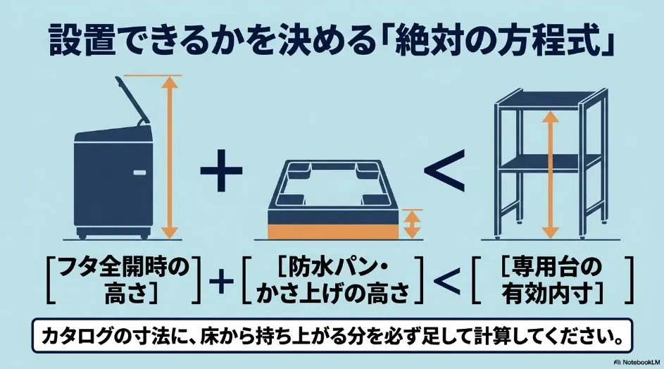 洗濯機のフタ全開時高さと防水パン・かさ上げ高さの合計を専用台の有効内寸と比較する計算式