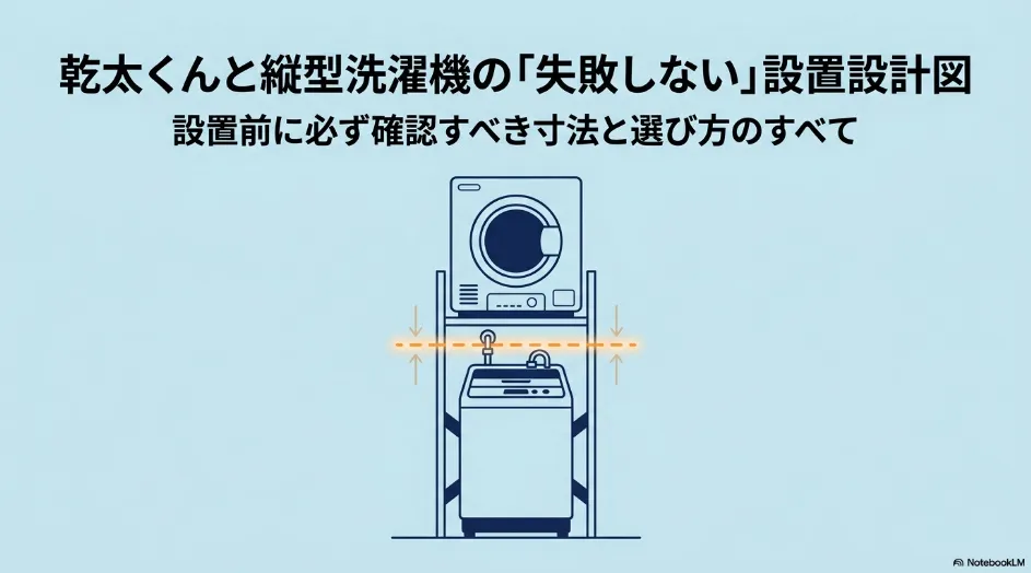 乾太くんと縦型洗濯機を上下に設置する際の確認項目を示した設置設計図