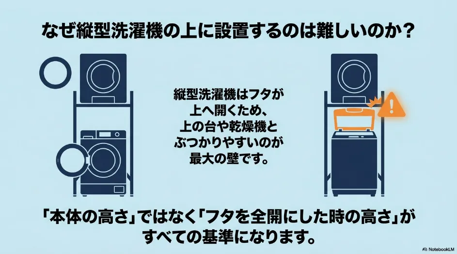 縦型洗濯機のフタが上方向へ開き、乾太くんの専用台と干渉する例を示した図