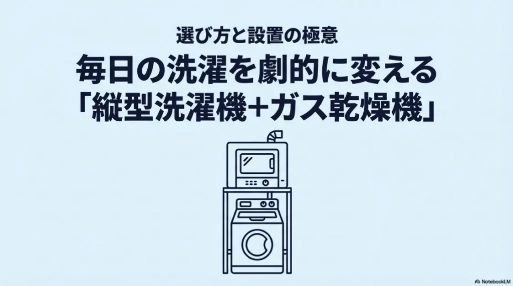 縦型洗濯機とガス乾燥機（乾太くん）の選び方と設置の極意を解説するタイトルスライド。
