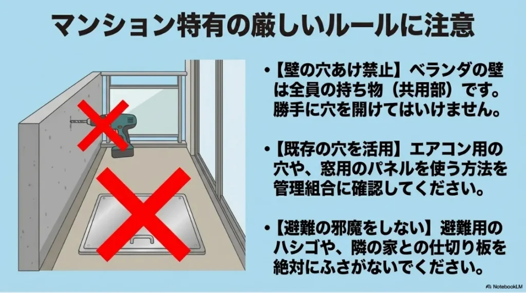 マンション設置の注意点。共用部である壁の穴あけ禁止や、避難ハッチ・仕切り板を塞がないためのルールを解説したイラスト。