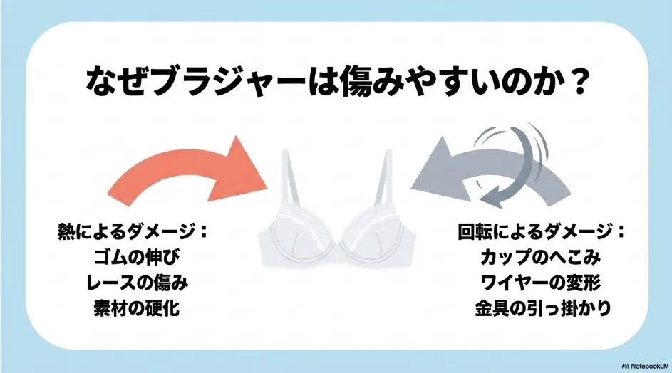 乾燥機の熱と回転によってブラジャーのゴムやレースやカップが傷む理由を示すスライド