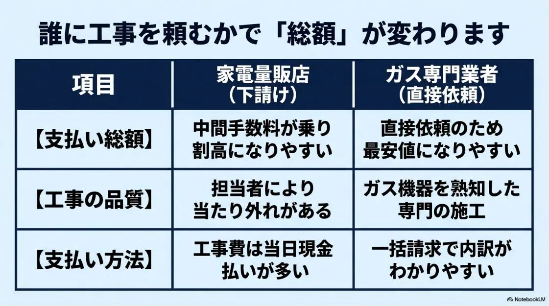 家電量販店(下請け)とガス専門業者(直接依頼)の比較表。総額、品質、支払い方法の違いを解説。