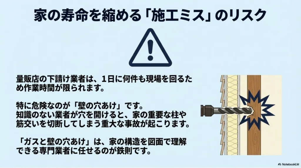 施工ミスのリスク。知識のない業者が壁の穴あけ時に家の重要な柱や筋交いまで切断してしまう事故のイラスト 。