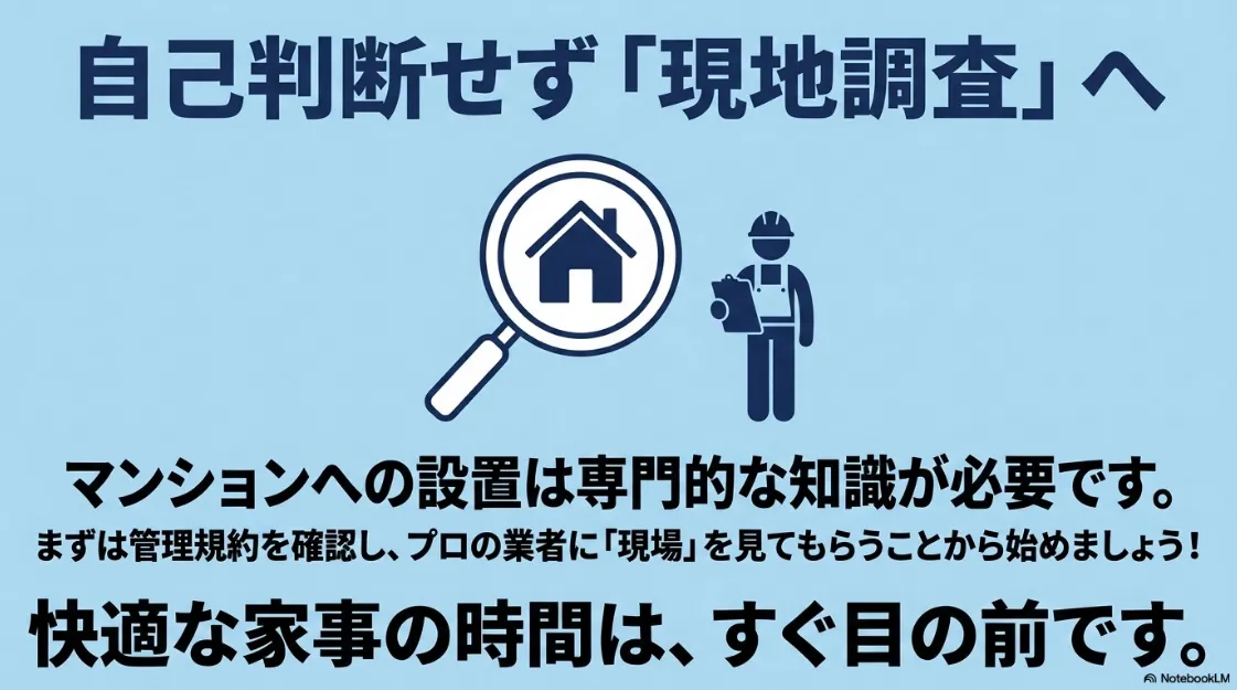 自己判断せずプロに現地調査を依頼することを推奨するイラスト。管理規約の確認と専門業者の現場確認を促すメッセージ。