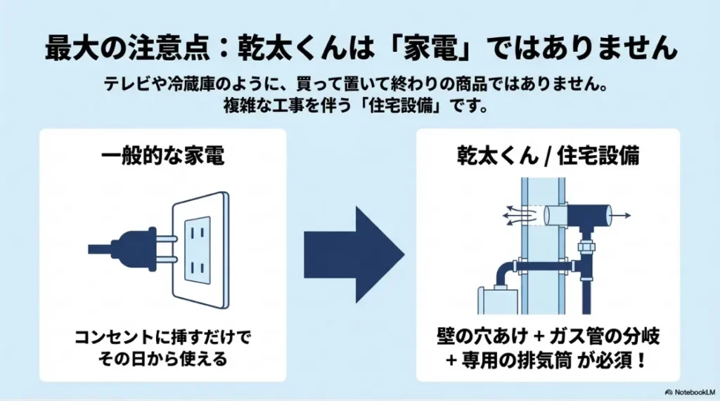 一般的な家電(コンセントのみ)と乾太くん(壁の穴あけ・ガス管分岐が必要)の違いを比較した図解 。