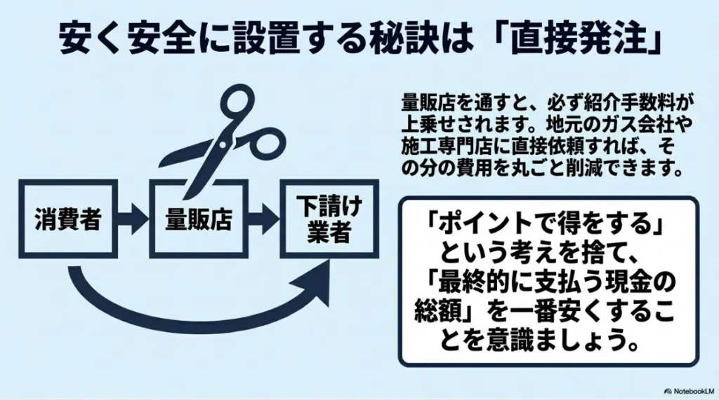 中間手数料をカットする直接発注の仕組み。量販店を通さず専門店へ依頼することで費用を削減できるフロー図 。