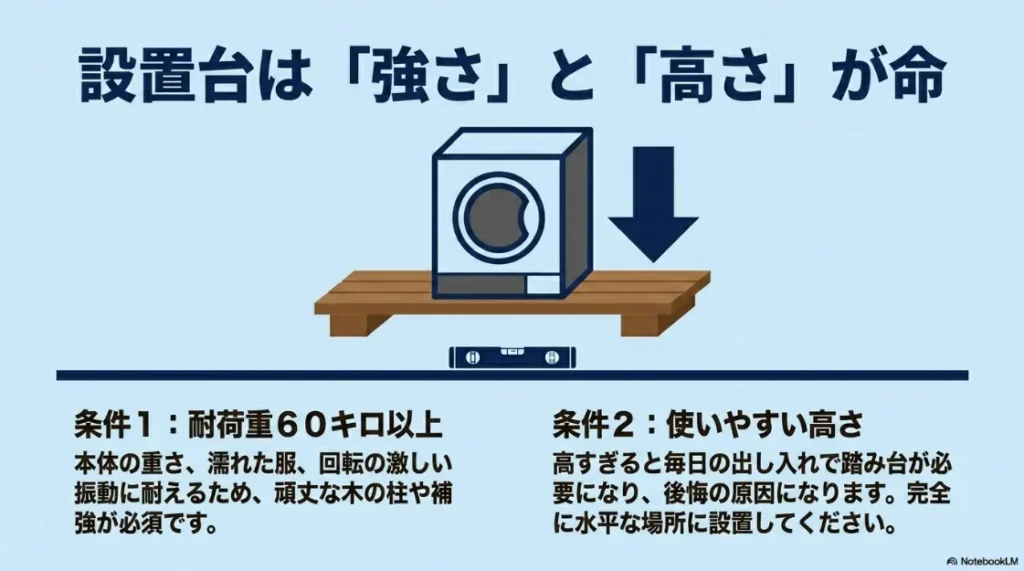 設置台の2つの条件。耐荷重60キロ以上の頑丈さと、使いやすい高さ・水平設置の重要性