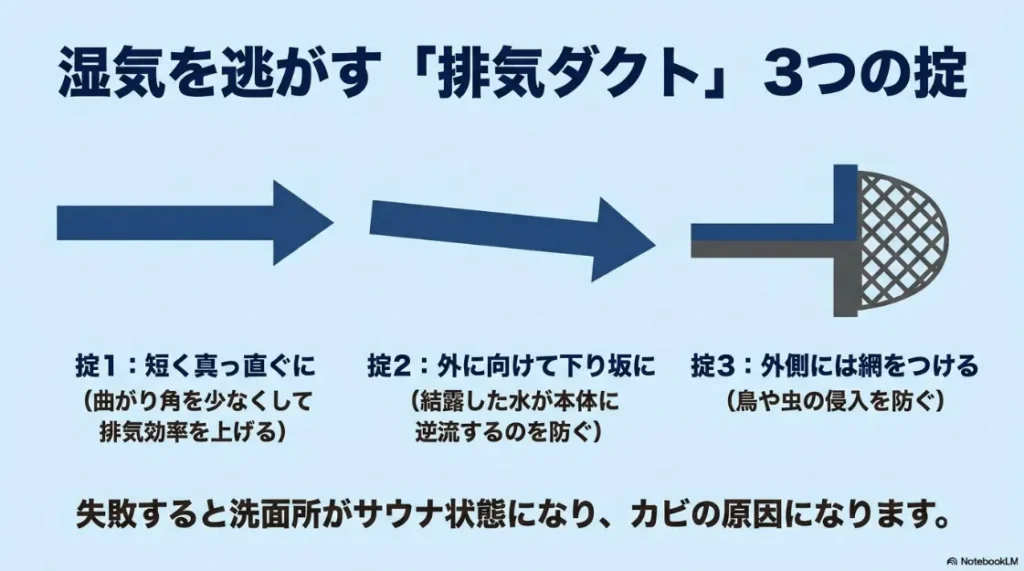 湿気を逃がす排気ダクト3つの掟。短く直進、外へ下り坂、網付きフードのポイント