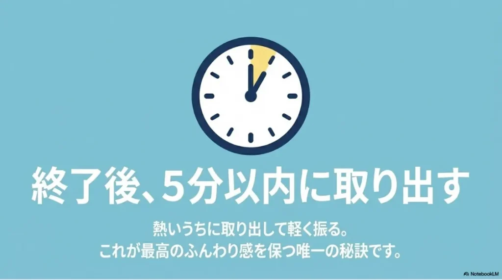 5分を指す時計のイラスト。「終了後、5分以内に取り出す」「熱いうちに取り出して軽く振る」ことが最高のふんわり感を保つ秘訣であるという解説。