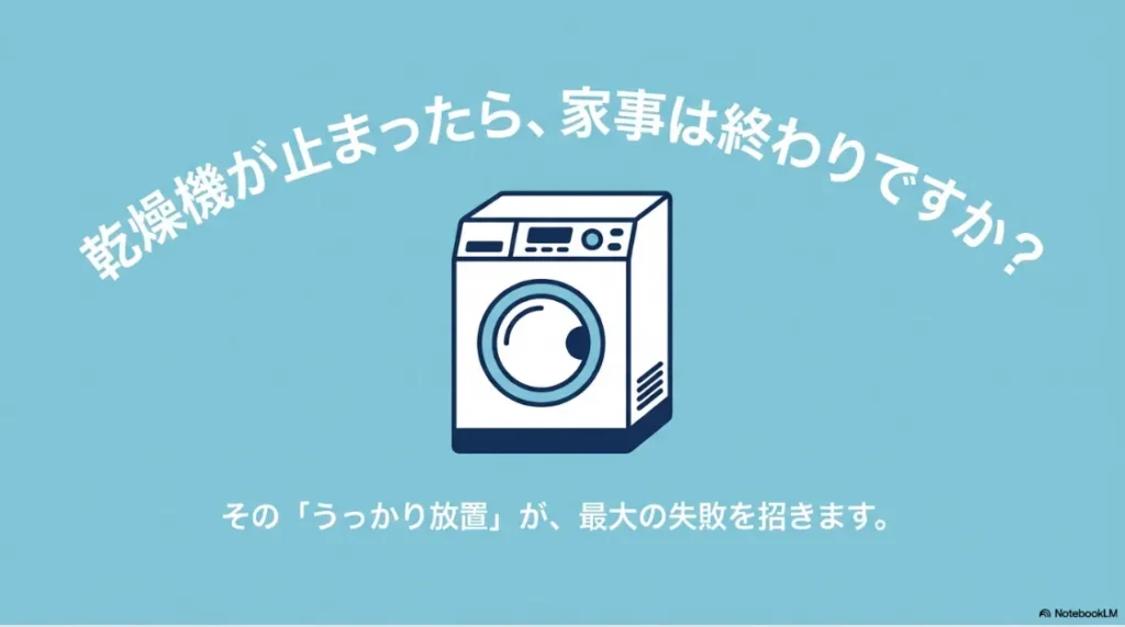 ガス衣類乾燥機のイラストと、「乾燥機が止まったら、家事は終わりですか？その『うっかり放置』が、最大の失敗を招きます」という警告文。