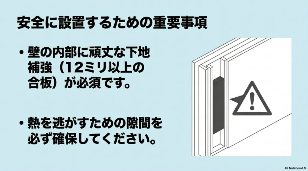 安全設置のために必須となる、壁内部の12ミリ以上の合板補強と熱を逃がす隙間確保の注意点 。