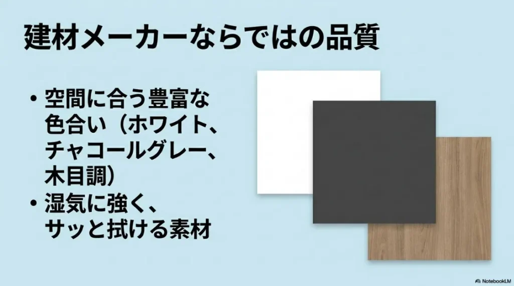 ホワイト、チャコールグレー、木目調などの豊富なカラー展開と、湿気に強く掃除がしやすい素材の紹介 。