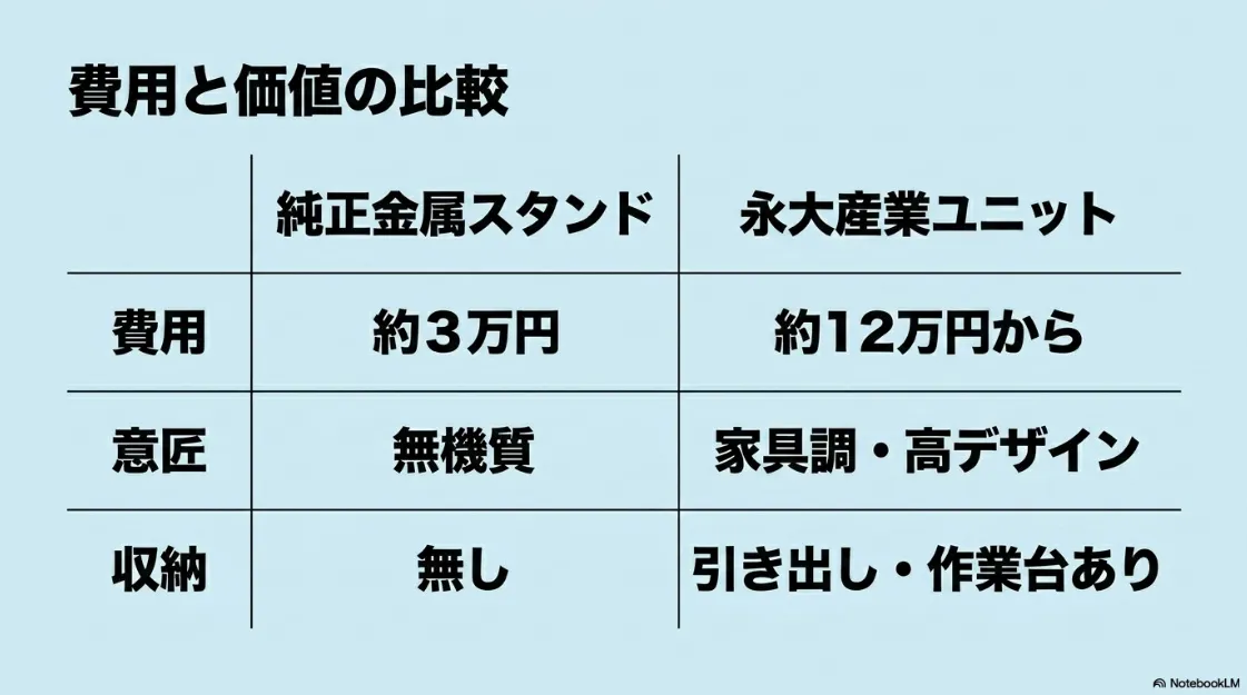 純正金属スタンド（約3万円）と永大産業ユニット（約12万円〜）の費用、デザイン、収納機能の比較表 。
