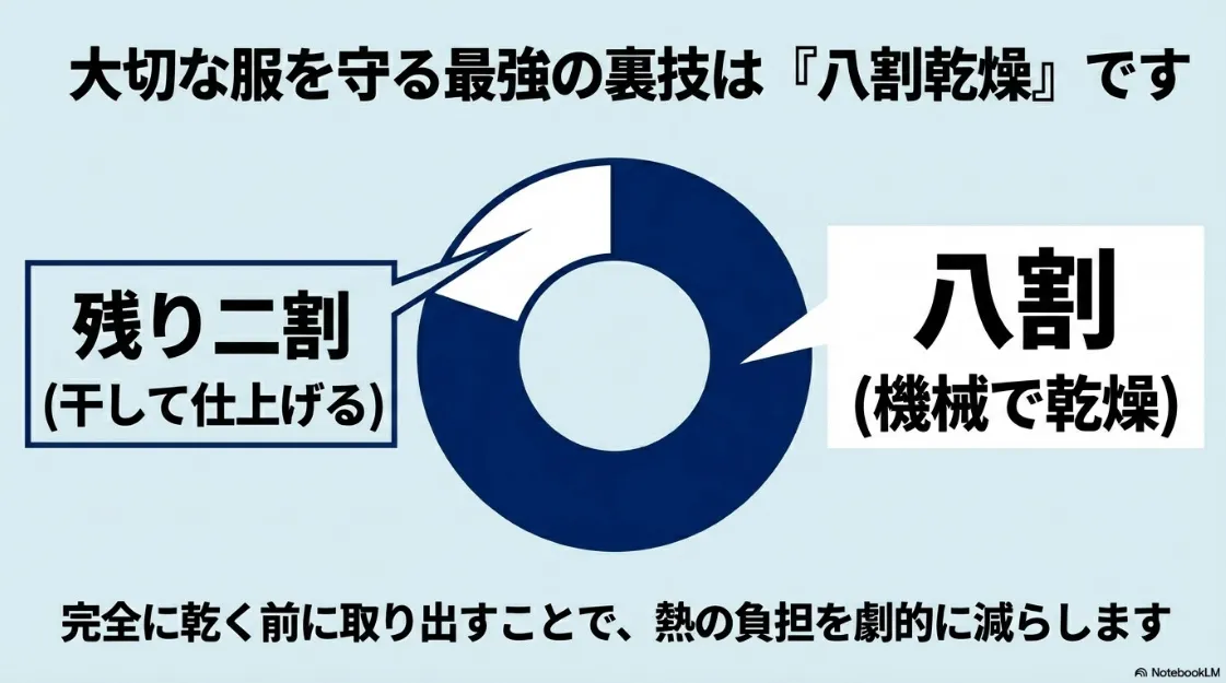 8割を機械で乾燥し、残り2割を干して仕上げることで熱の負担を減らす「8割乾燥」のテクニック解説