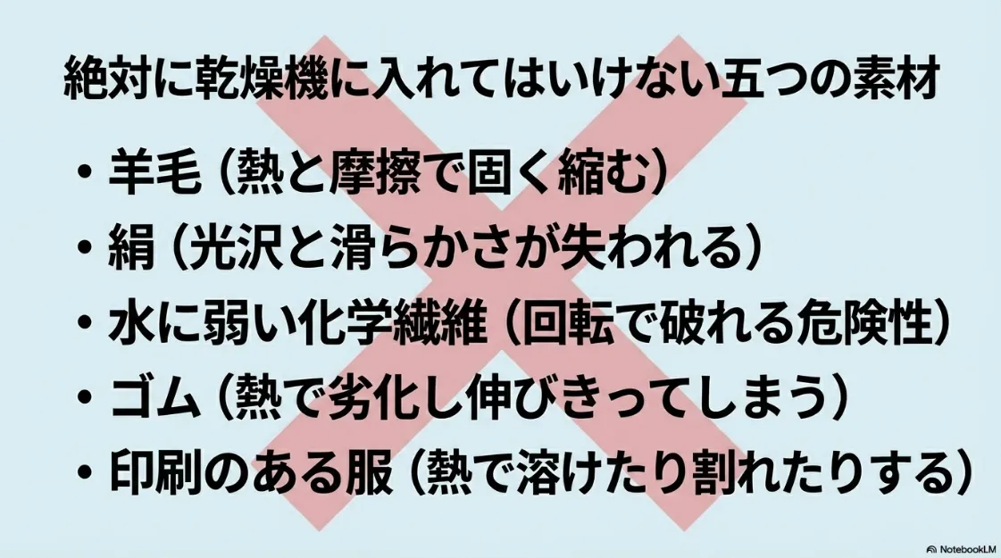 羊毛、絹、水に弱い化学繊維、ゴム、印刷のある服など、乾燥機に絶対入れてはいけない5つの素材とその理由。