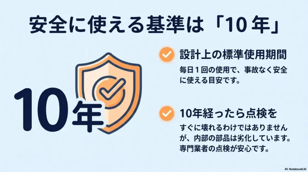 ガス衣類乾燥機の設計上の標準使用期間が10年であることを示す解説図