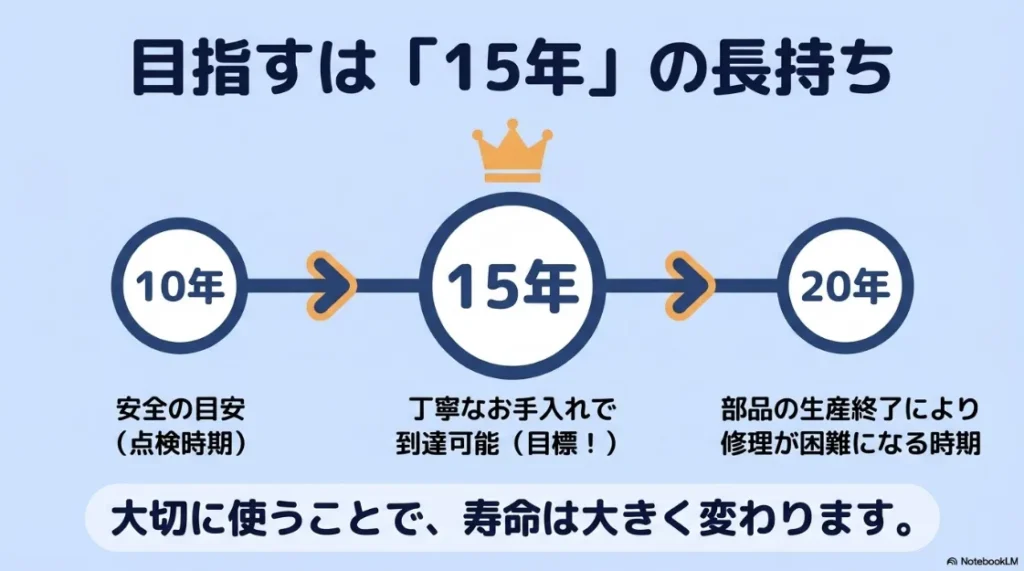 丁寧なお手入れで15年の寿命を目指す目安と、部品生産終了による修理困難時期のグラフ