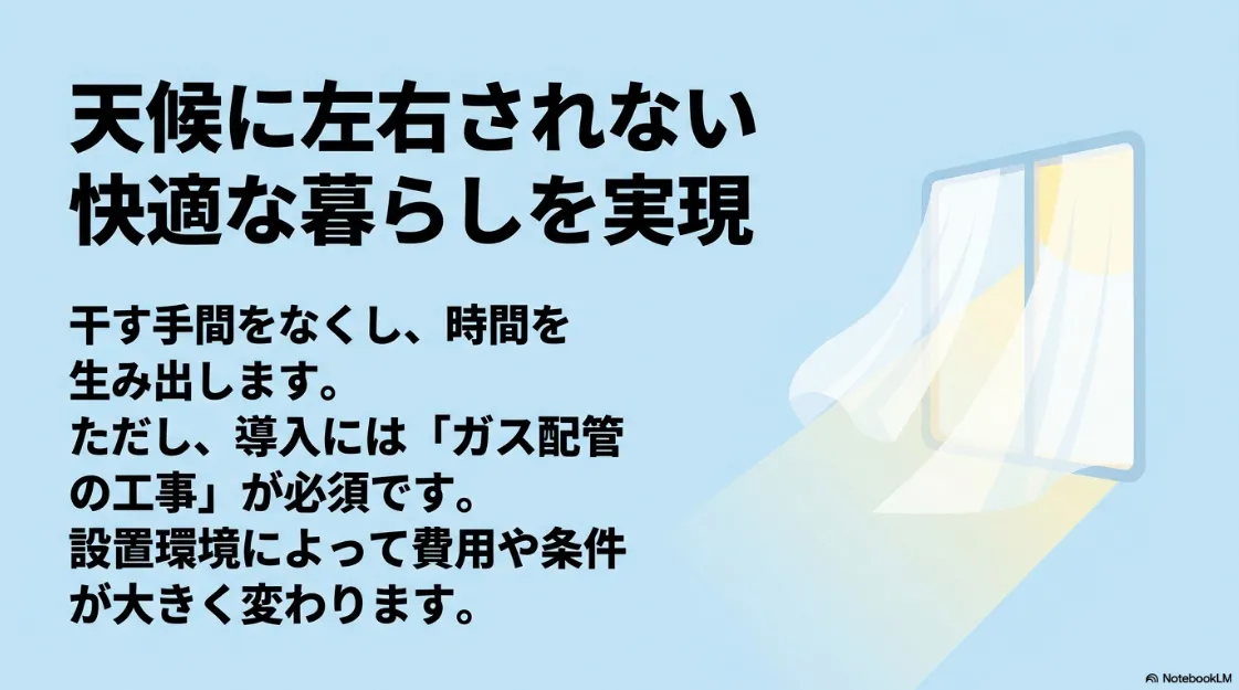干す手間をなくす快適な暮らしの実現と、導入に必須となるガス配管工事についての説明   