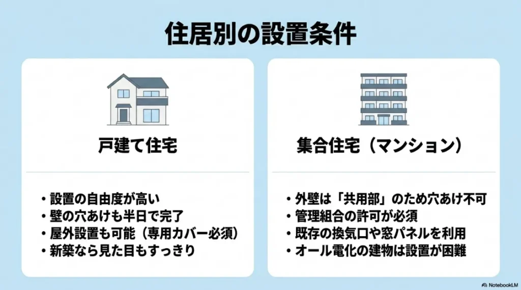 戸建て住宅とマンション（集合住宅）における設置の自由度や穴あけ条件の違いについてのまとめ