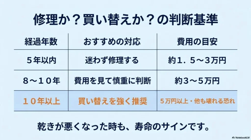 使用年数に応じた修理費用目安と買い替え推奨時期をまとめた判断基準表