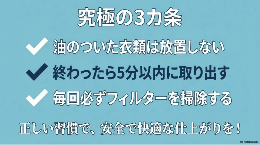 究極の3カ条。油のついた衣類は放置しない、5分以内に取り出す、毎回必ずフィルターを掃除するというまとめのスライド。