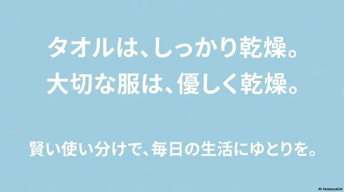 タオルはしっかり乾燥、大切な服は優しく乾燥と、賢い使い分けを提案するまとめのスライド。