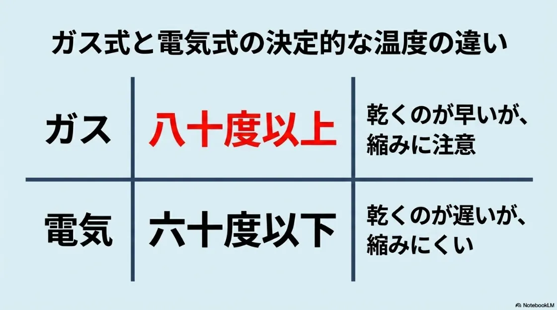ガス式（80度以上・速いが縮みに注意）と電気式（60度以下・遅いがダメージ少）の温度の違いを比較したスライド。