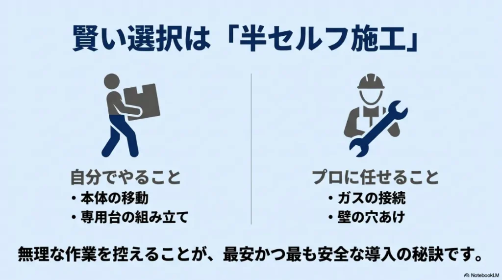 賢い選択は半セルフ施工。自分でやる本体移動・専用台組み立てと、プロに任せるガス接続・壁の穴あけの比較図