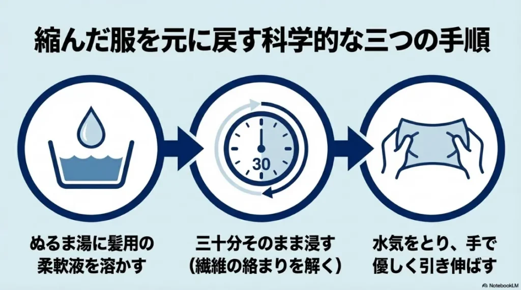 ぬるま湯に柔軟液を溶かし、30分浸してから優しく引き伸ばす、縮んだ服を元に戻す3つの手順。