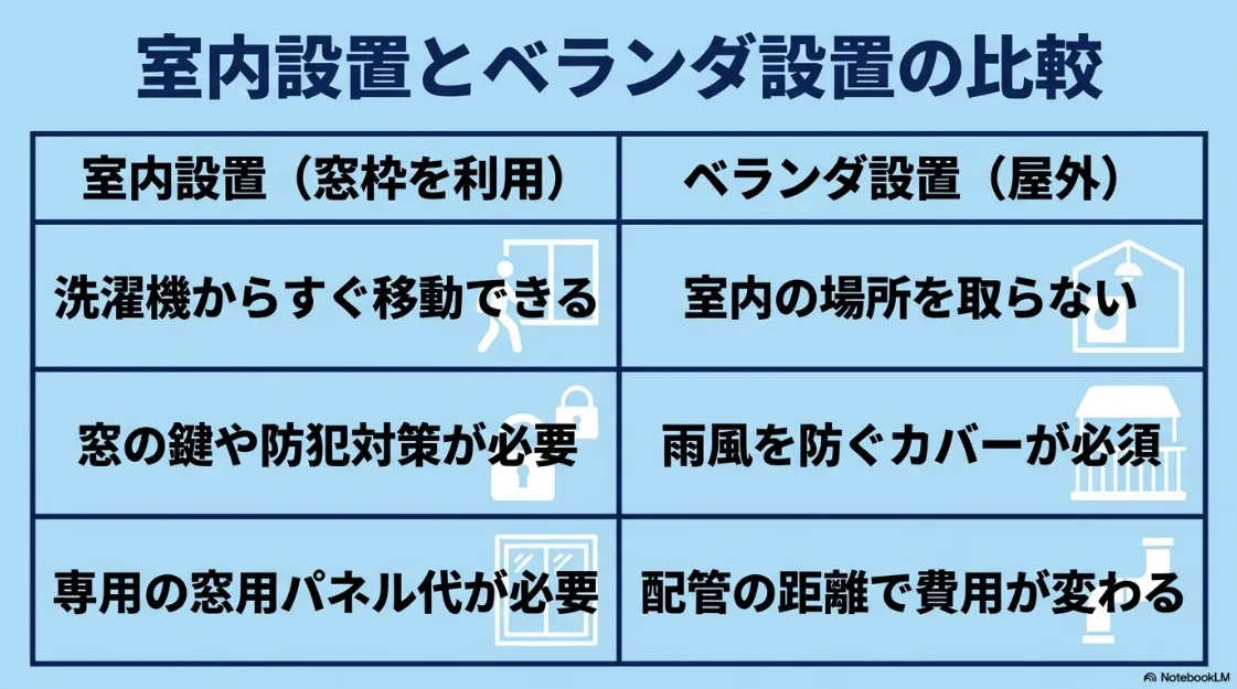 乾太くんの室内設置(窓枠利用)とベランダ設置の比較表。動線、場所の確保、防犯、防雨対策などの違いをまとめた表。