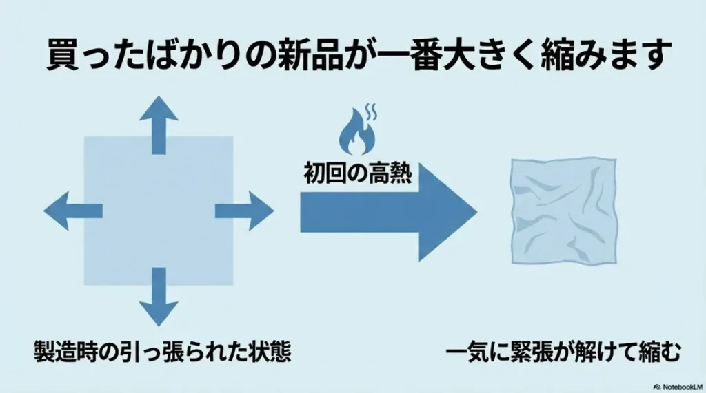 新品の服が製造時の引っ張り状態から、初回の高熱で一気に緊張が解けて縮むメカニズムの図解。