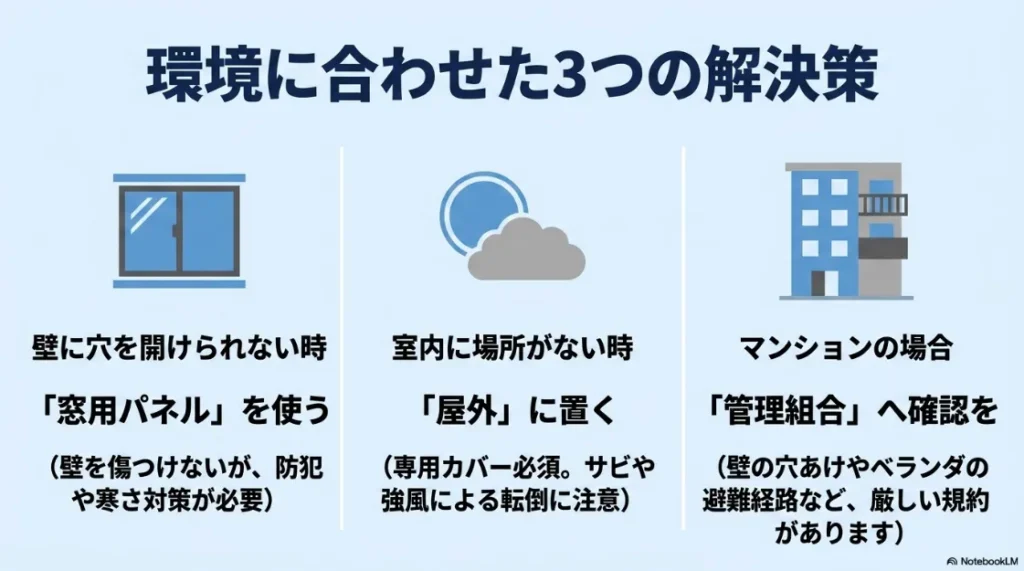 環境に合わせた解決策。壁穴NG時の窓パネル、室内不可時の屋外設置、マンションの管理組合確認について