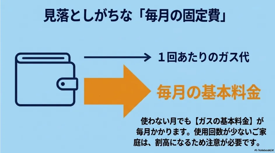 乾太くんの使用料金とは別に、使わない月でもガスの基本料金が発生することを示したスライド