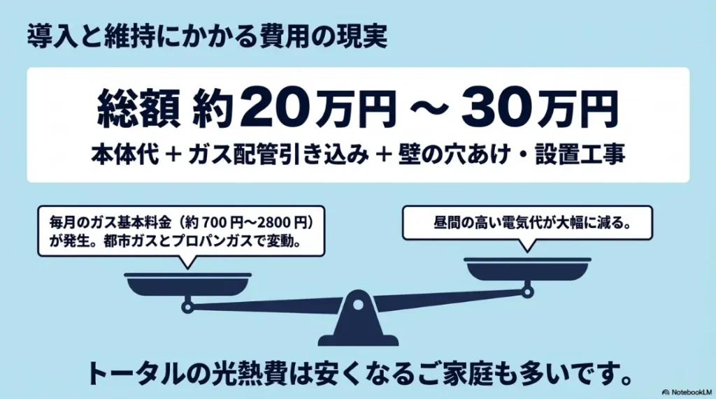 導入費用20〜30万円と、月々のガス基本料金・電気代削減効果のバランスを示す図解