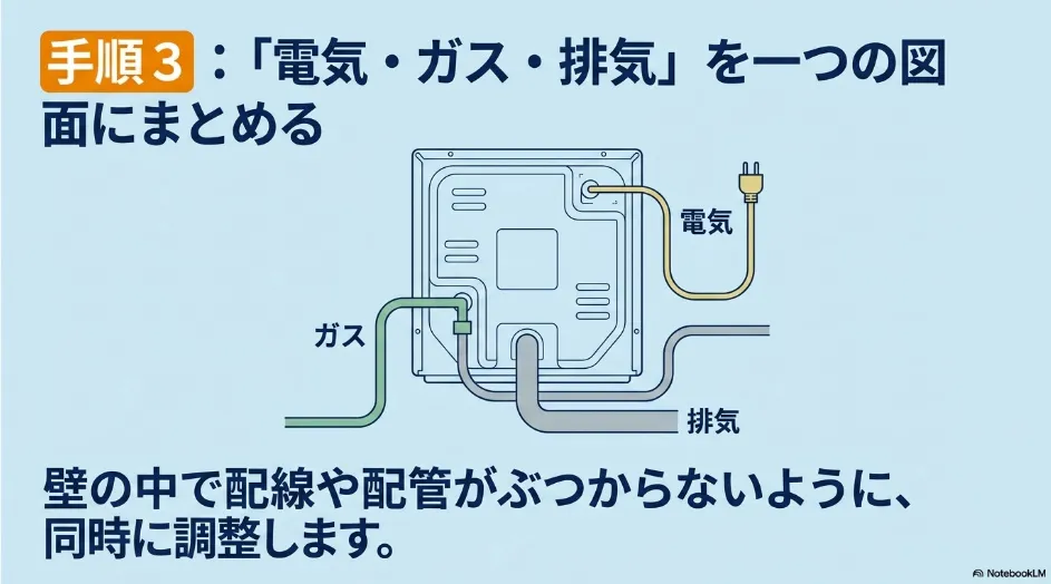 乾太くん背面の電気、ガス、排気の配線と配管を一つの図面で調整する図
