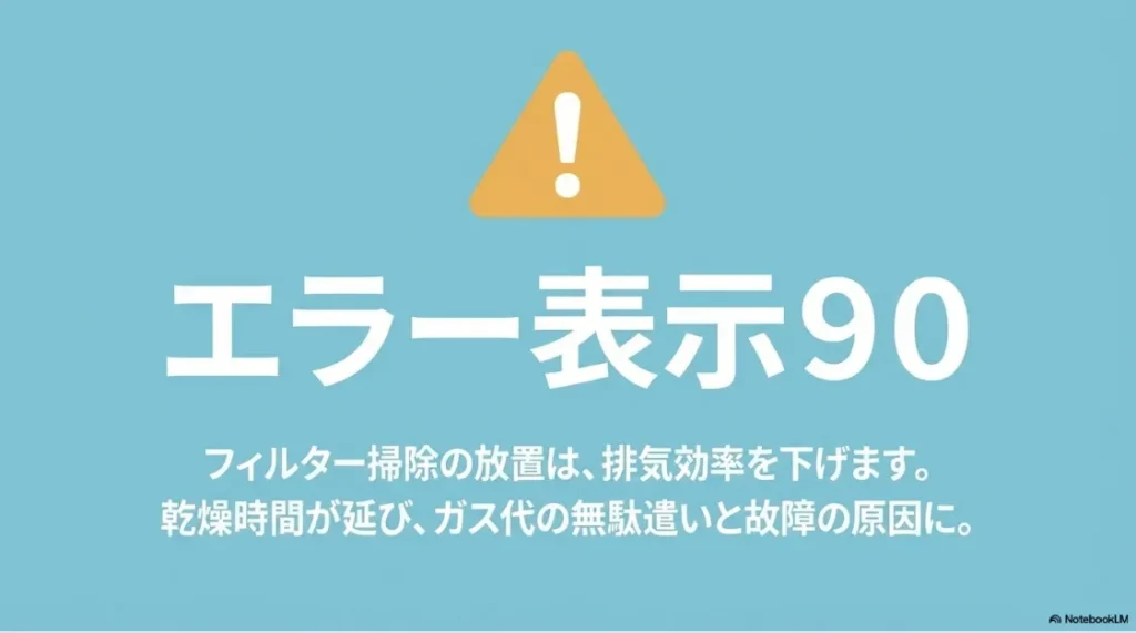 「エラー表示90」の大きな文字。フィルター掃除を放置すると排気効率が下がり、ガス代増加や故障の原因になるという解説。