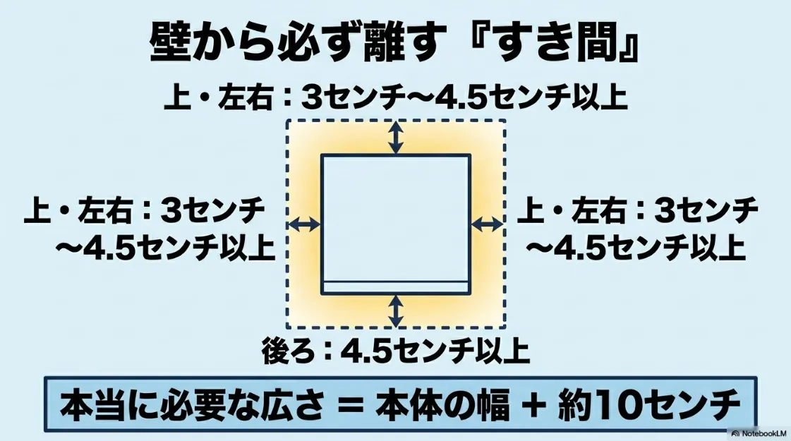 消防法に基づく乾太くん周囲の離隔距離（上・左・右・後ろ）と、本体幅にプラス10センチ必要な有効幅の解説。