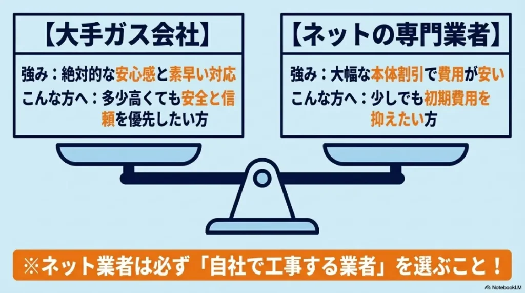 大手ガス会社（安心感重視）とネットの専門業者（費用重視）の強みを比較し、自社施工の業者を選ぶべきと解説するスライド。
