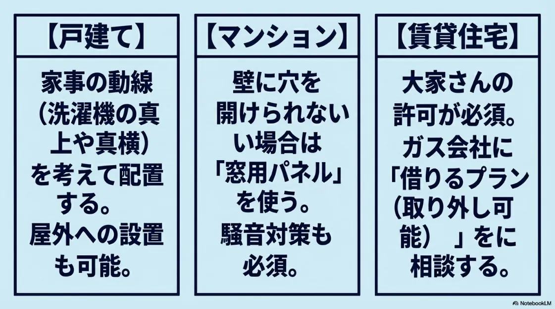 戸建て・マンション・賃貸それぞれの乾太くん設置ポイント。窓用パネルの使用や大家さんの許可について解説するスライド。